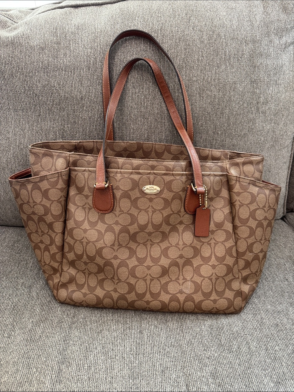 Coach Brown Signature Canvas Tote with Tan Leather Handles